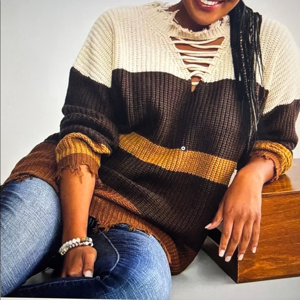 Daytrip by The Buckle Boho Knit Brown Striped Deconstructed Sweater Sz. Small